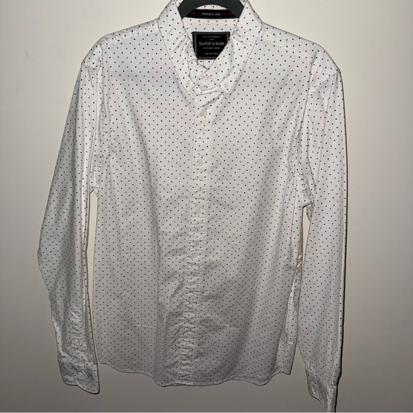 Scotch and Soda Men's Red, White, and Blue Polka Dot Oxford Dress Shirt - Picture 2 of 11
